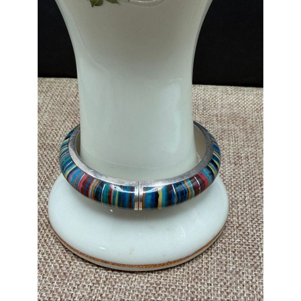 Jay King Sterling Silver Rainbow Calsilica Hinged Bangle Bracelet with Box - Picture 4 of 7